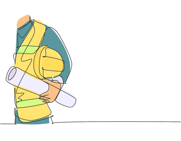 Vector dibujo de una sola línea continua de un joven arquitecto sosteniendo un casco y un vector de papel en rollo