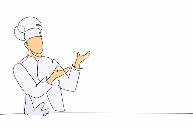 Dibujo de una sola línea continua de un joven chef amigable en pose uniforme que sirve un vector de diseño de menú