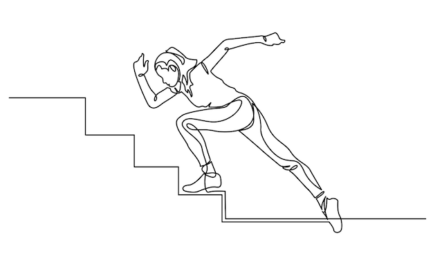 dibujo de una sola línea continua de una joven corriendo por las escaleras