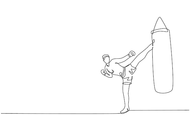Dibujo de una sola línea continua joven deportista ejercicio de kickboxer pateando un saco de boxeo en un pabellón deportivo