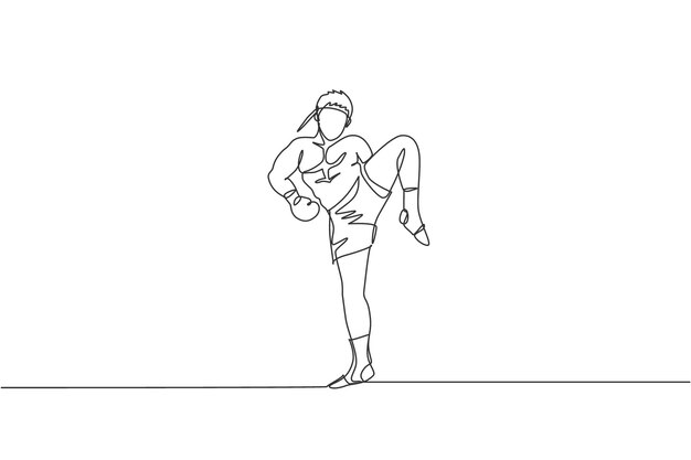 Dibujo de una sola línea continua de un joven deportista entrenando boxeo tailandés Deporte combativo de muay thai