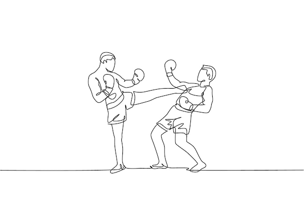 Dibujo de una sola línea continua de un joven deportista kickboxer luchando por el título de campeón en la sala