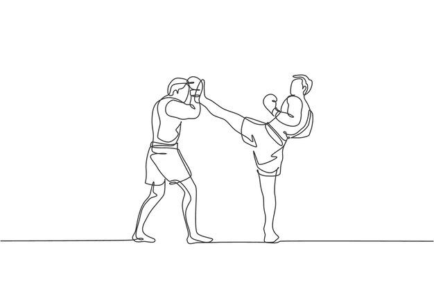 Dibujo de una sola línea continua de un joven deportista peleando en kickboxer en la arena para el torneo local