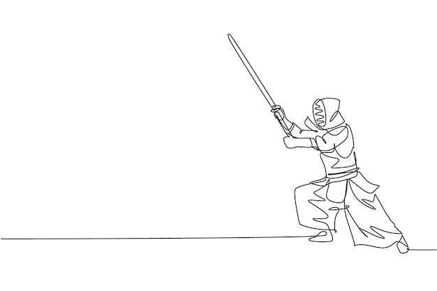 Dibujo de una sola línea continua de un joven deportista practicando habilidades de arte marcial de defensa kendo