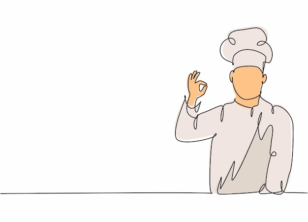 Dibujo de una sola línea continua de un joven y emocionado chef masculino atractivo posando de pie vector