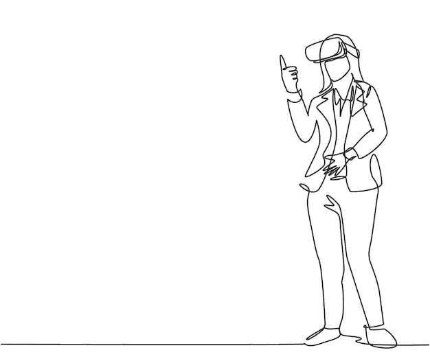 Dibujo de una sola línea continua de una joven empresaria dando un gesto con el pulgar hacia arriba después de tener éxito