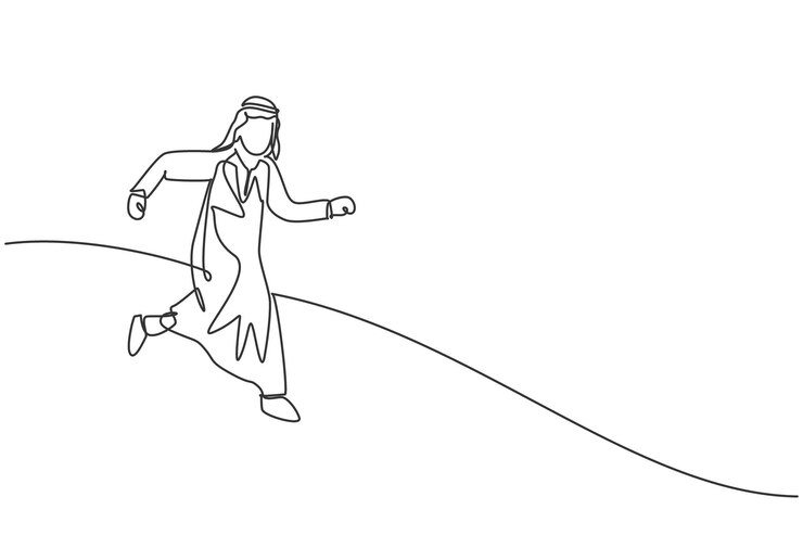 Vector dibujo de una sola línea continua de un joven empresario árabe corriendo rápido para perseguir el vector de objetivos comerciales