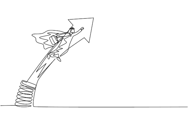 Dibujo de una sola línea continua de un joven empresario árabe saltando y volando con un vector de resorte metálico