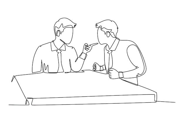 Dibujo de una sola línea continua de un joven empresario enojado que señala con el dedo a su colega que grita y luego se culpa mutuamente Concepto de problema de negocios Dibujo de una línea Ilustración vectorial de diseño gráfico
