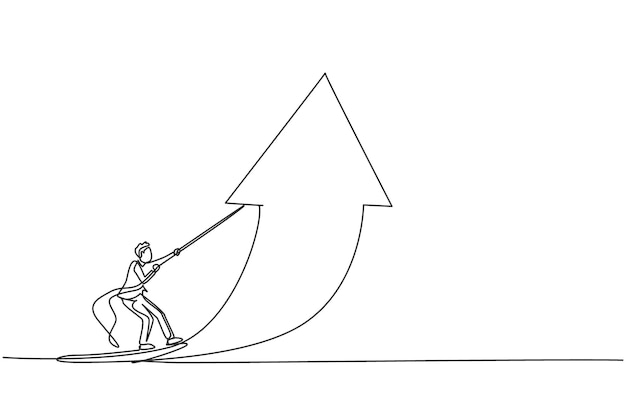 Dibujo de una sola línea continua de un joven empresario levantando la flecha para aumentar el crecimiento empresarial