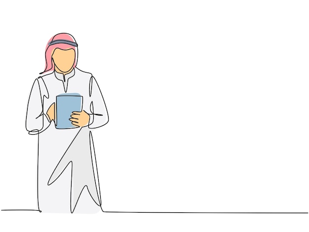 Dibujo de una sola línea continua de un joven empresario musulmán analizando una base de datos empresarial en una tableta