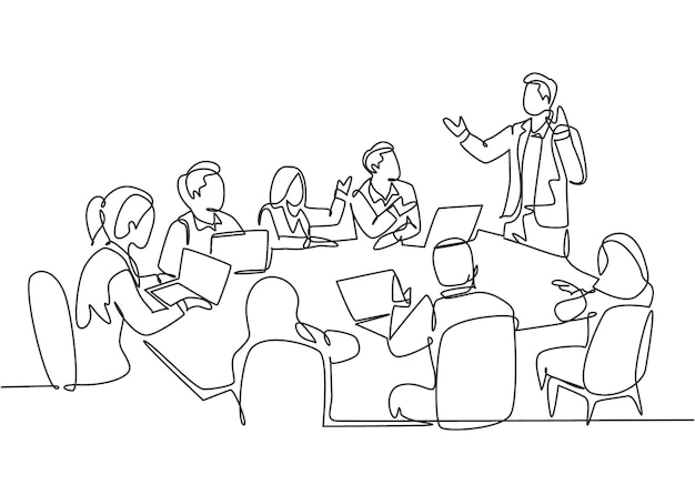 Dibujo de una sola línea continua de un joven entrenador feliz dando lecciones de habilidades para la vida a los miembros de la clase