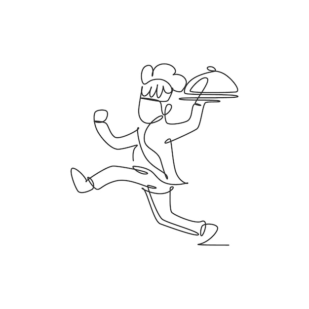 Dibujo de una sola línea continua de un joven feliz llevando una campana con tapa de bandeja para el logo de entrega de alimentos