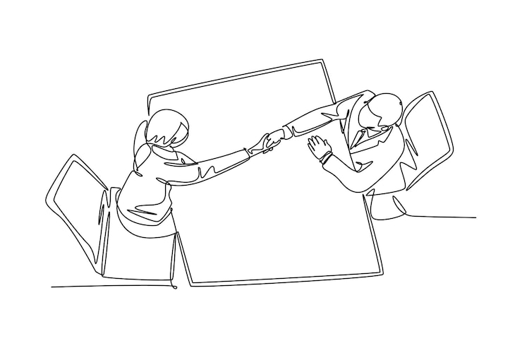 Vector dibujo de una sola línea continua, el joven gerente le da la mano a su trabajadora para felicitarla por su gran proyecto, concepto de acuerdo comercial, dibujo dinámico de una línea, diseño gráfico, ilustración vectorial