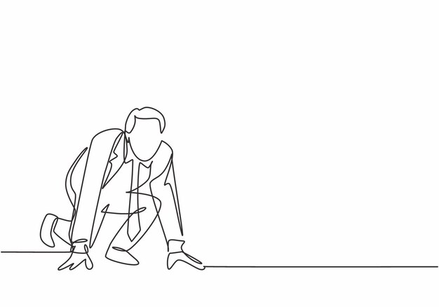 Dibujo de una sola línea continua de un joven hombre de negocios feliz preparándose para correr en la pista de atletismo