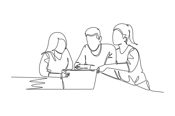 Vector dibujo de una sola línea continua joven hombre de negocios y mujer de negocios discutiendo el proyecto gráfico de datos de aprendizaje en la pantalla de la computadora portátil reunión de negocios dibujo dinámico de una línea ilustración vectorial de diseño gráfico