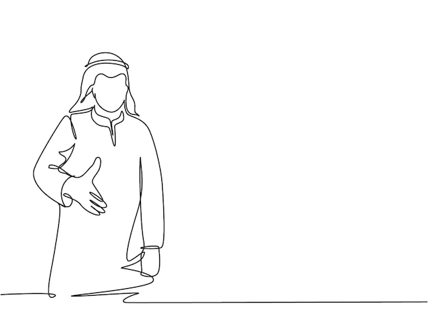 Dibujo de una sola línea continua de un joven hombre de negocios musulmán feliz que da un gesto de apretón de manos con una bata de tela