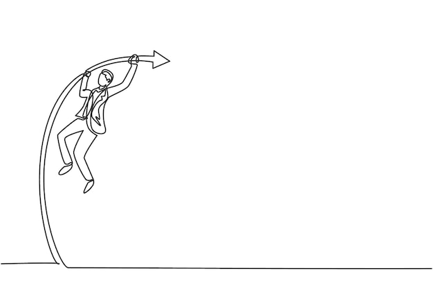 Dibujo de una sola línea continua de un joven hombre de negocios saltando alto en un vector de diseño de arena de salto con pértiga