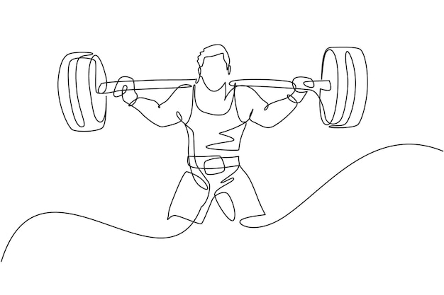 Dibujo de una sola línea continua de un joven levantador de pesas preparándose para hacer ejercicio con barra en un vector de gimnasio
