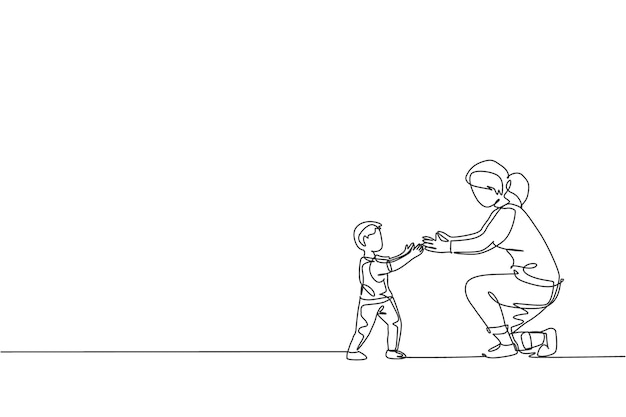 Dibujo de una sola línea continua de una joven madre lista para abrazar a su hijo que aprendió a caminar hacia ella