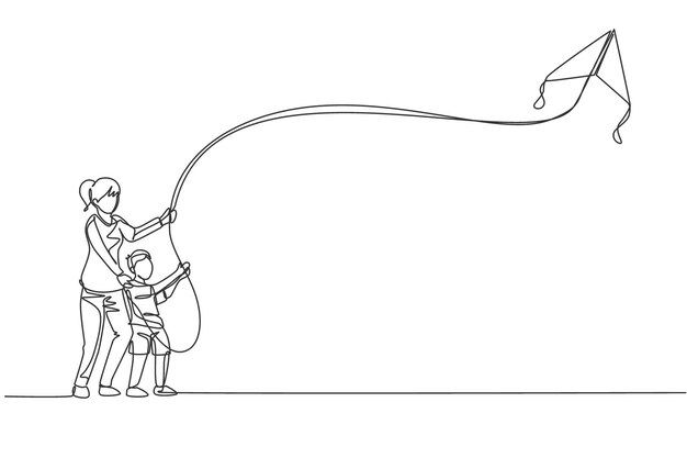 Dibujo de una sola línea continua de una joven madre y su hijo jugando a volar una cometa en un gráfico vectorial de diseño