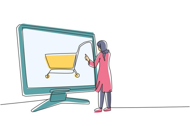 Dibujo de una sola línea continua de una joven mujer árabe que compra a través de un vector de diseño de pantalla de monitor