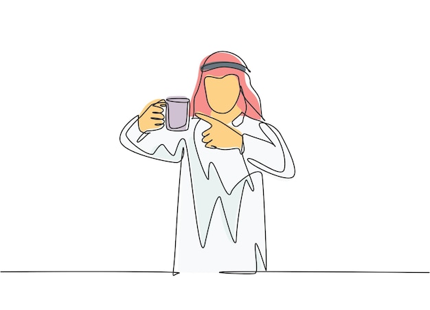 Dibujo de una sola línea continua de un joven oficinista musulmán apuntando con el dedo a una taza de café vector