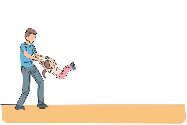 Dibujo de una sola línea continua de un joven padre jugando con su hija en casa levantando y balanceándose