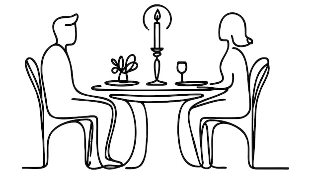Dibujo de una sola línea continua de una joven pareja feliz de hombres y mujeres haciendo una cita romántica y cenando juntos