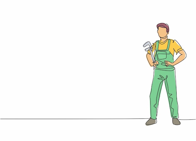 Dibujo de una sola línea continua de un joven plomero posando de pie y sosteniendo un vector de llave de tubo