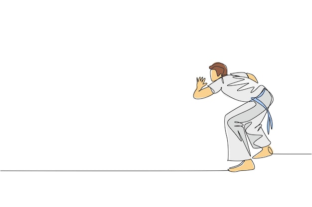 Dibujo de una sola línea continua de un joven practicando danza de movimiento de capoeira brasileña en un vector al aire libre