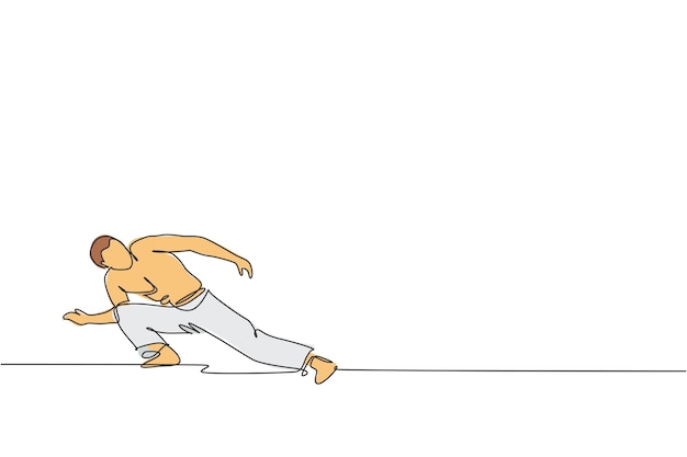 Dibujo de una sola línea continua de un joven practicando danza de movimiento de capoeira brasileña en un vector callejero