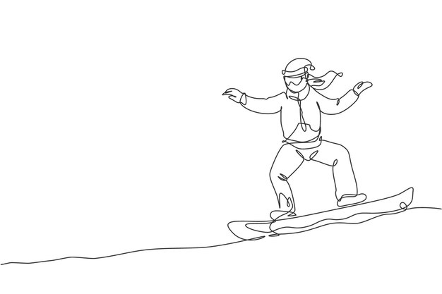 Dibujo de una sola línea continua de una joven snowboarder deportiva montando snowboard en la montaña