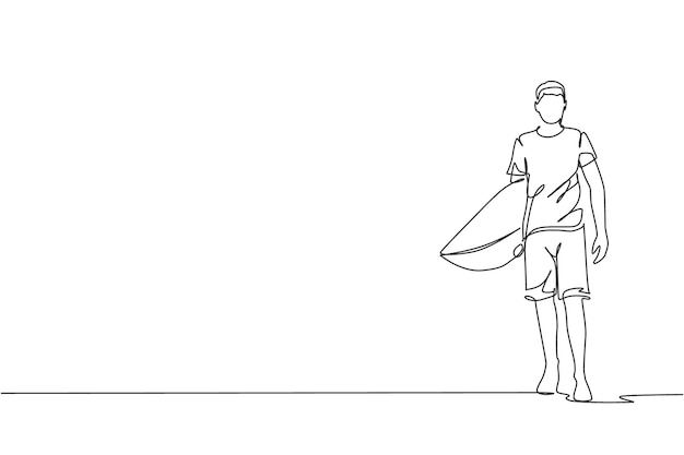 Dibujo de una sola línea continua de un joven surfista profesional caminando y cargando una tabla de surf en una playa de arena