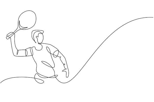 Dibujo de una sola línea continua de un joven tenista ágil sosteniendo la pelota de un oponente