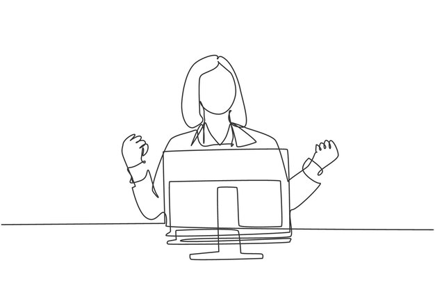 Dibujo de una sola línea continua de una joven trabajadora feliz celebrando su ascenso en el escritorio