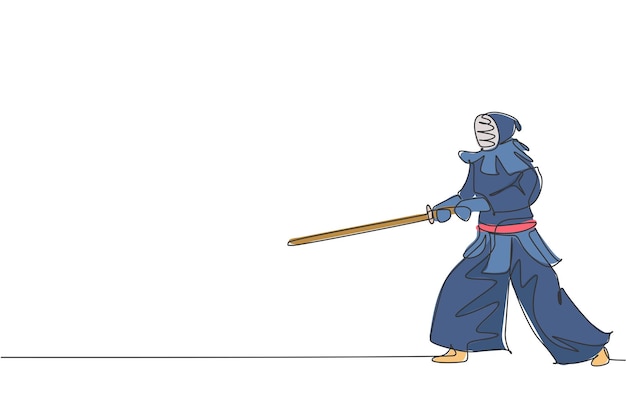 Dibujo de una sola línea continua de jóvenes deportistas practicando kendo, compañero de entrenamiento de artes marciales