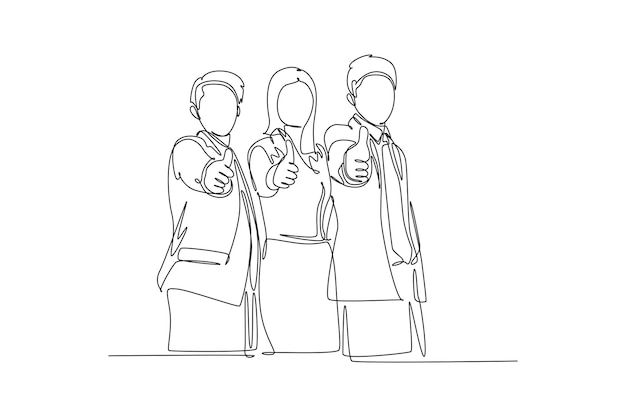 Dibujo de una sola línea continua de jóvenes empresarios felices y mujeres de negocios se levantan y dan el pulgar hacia arriba gesto juntos Construcción de trabajo en equipo de negocios Dibujo de una línea ilustración de vector de diseño gráfico