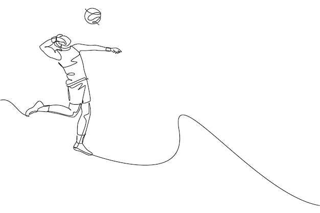 Dibujo de una sola línea continua, jugador masculino joven atleta de voleibol en acción saltando pico en la cancha
