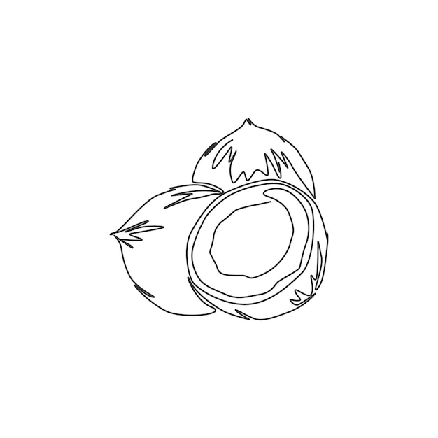 Dibujo de una sola línea continua logotipo de huerto de cocos saludable entero y en rodajas Icono de fruta fresca