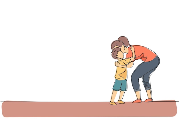 Dibujo de una sola línea continua de una madre abrazando a su hijo que quiere ir a la escuela, tiempo de paternidad