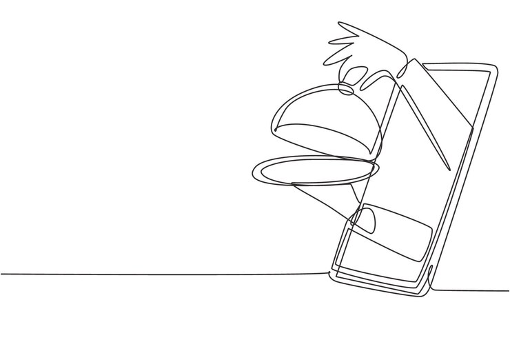 Vector dibujo de una sola línea continua manos fuera de la pantalla del teléfono inteligente ordenar comida vector de diseño digital