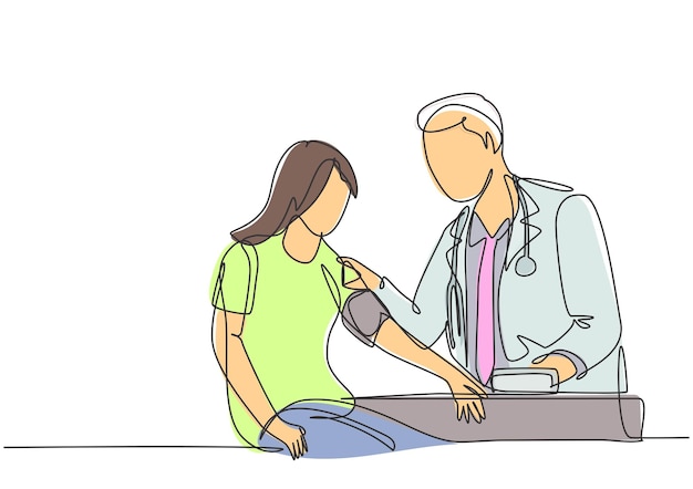 Dibujo de una sola línea continua de un médico examinando la frecuencia del pulso de una paciente usando un tensiómetro