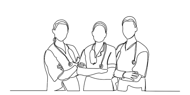 dibujo de una sola línea continua de médicos equipo un grupo de mujeres jóvenes médicos posan