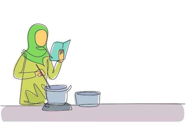 Dibujo de una sola línea continua de una mujer árabe cocinando mientras lee un libro que sostiene comida saludable