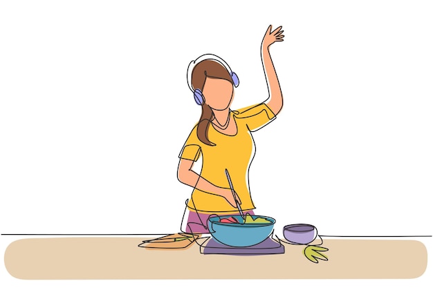 Dibujo de una sola línea continua de una mujer cocinando y escuchando música en la cocina Vector de alimentos saludables