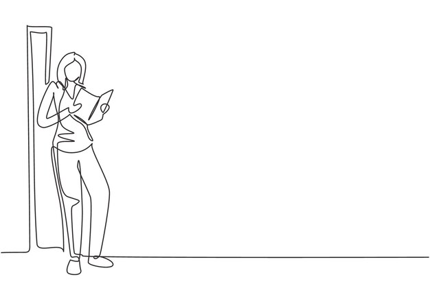 Dibujo de una sola línea continua mujer leyendo aprendiendo y de pie en la pared Estudiando en la biblioteca