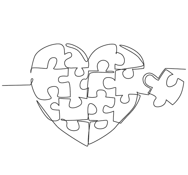 Dibujo de una sola línea continua de piezas de rompecabezas juntas para formar un lindo símbolo en forma de corazón