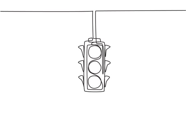 Dibujo de una sola línea continua de semáforos que se colocan colgados sobre el cruce de la carretera