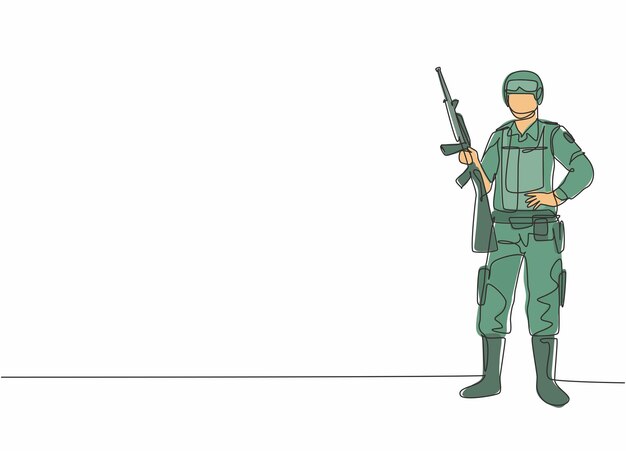 Vector dibujo de una sola línea continua de un soldado masculino posando de pie y sosteniendo un vector de diseño de arma de francotirador